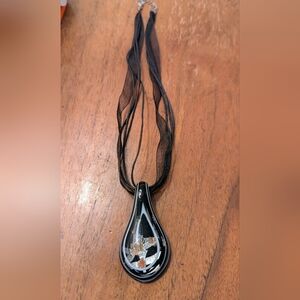 Lampwork Glass Art Pendant Necklace Silver And Gold Accents